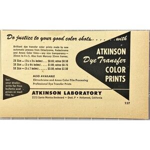 Atkinson Laboratory "Dye Transfer Color Prints" Vintage Print Ad 1949